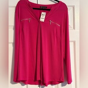 INC International Concepts Fuchsia Long-Sleeve V-Neck Top with Zip Pockets
